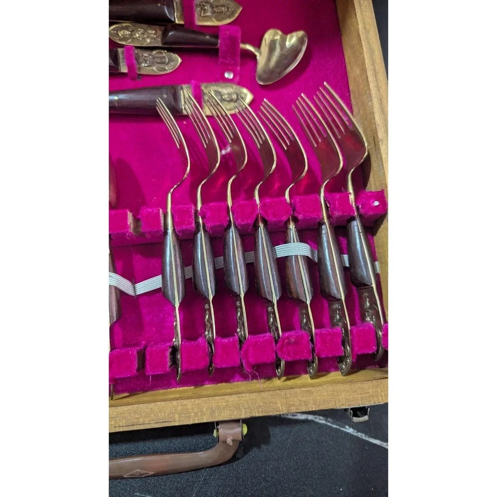 Vintage Sammy's Gems Thailand Bronze Wood Flatware Set 29 Pc‎ MCM Boho Luxury